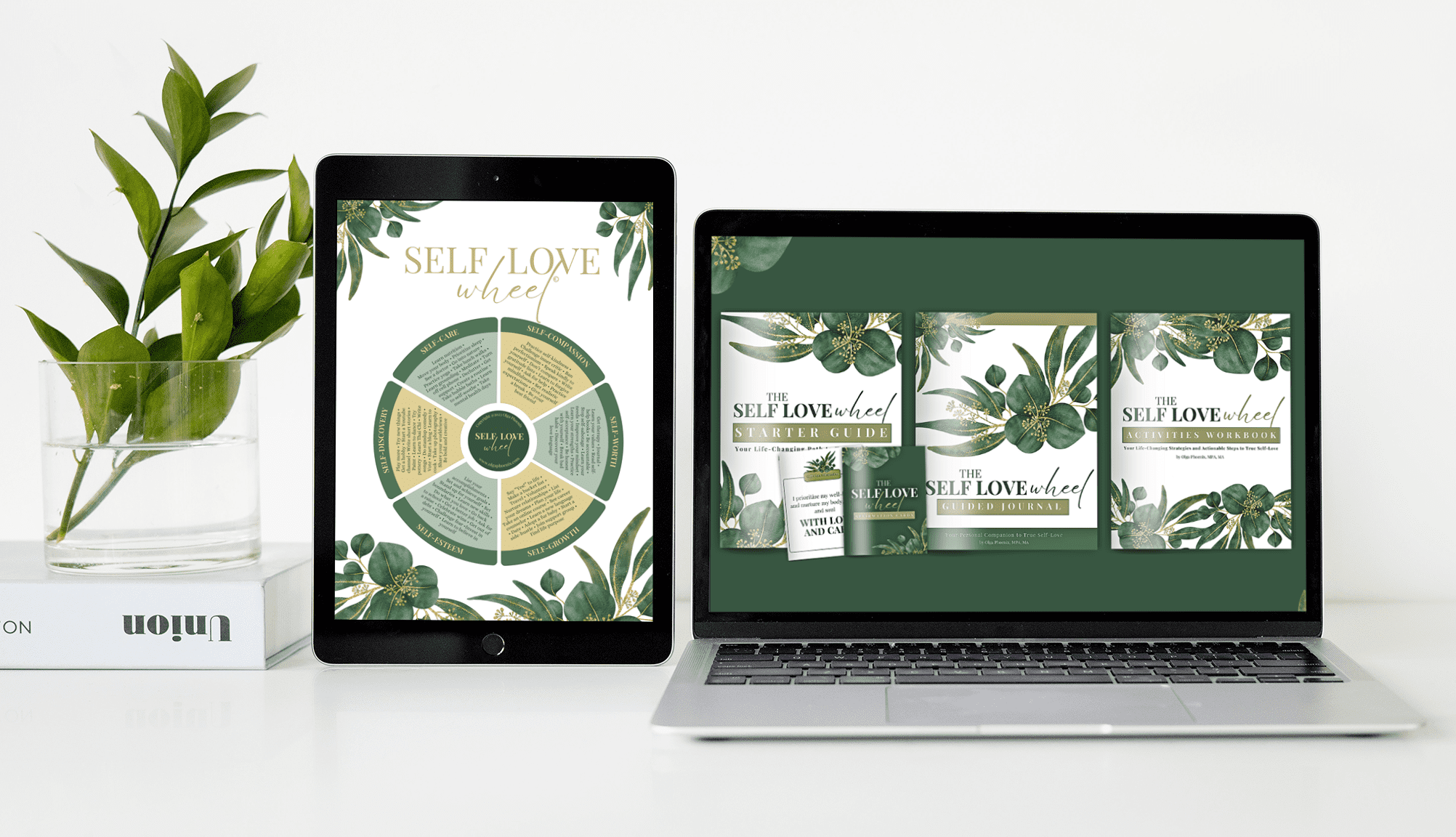 The Ultimate Self-Love Wheel Collection shown on a tablet and laptop
